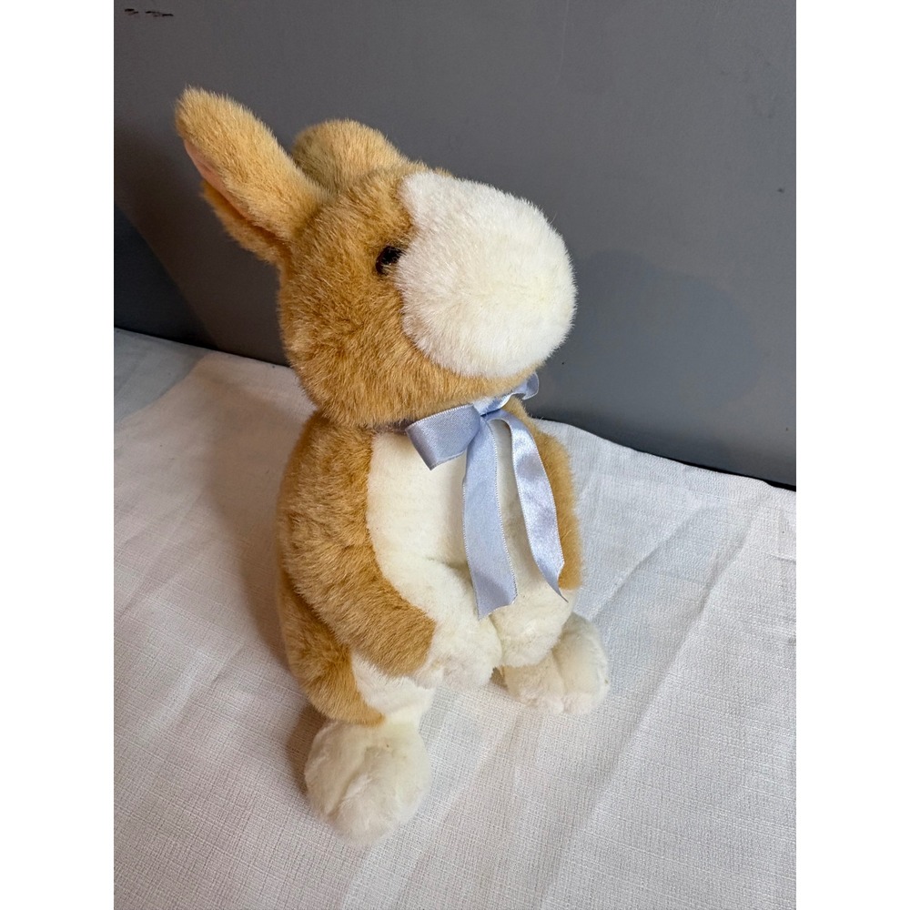 Commonwealth Plush Bunny Rabbit Tan White Stuffed Animal Blue Ribbon Bow 10 inch